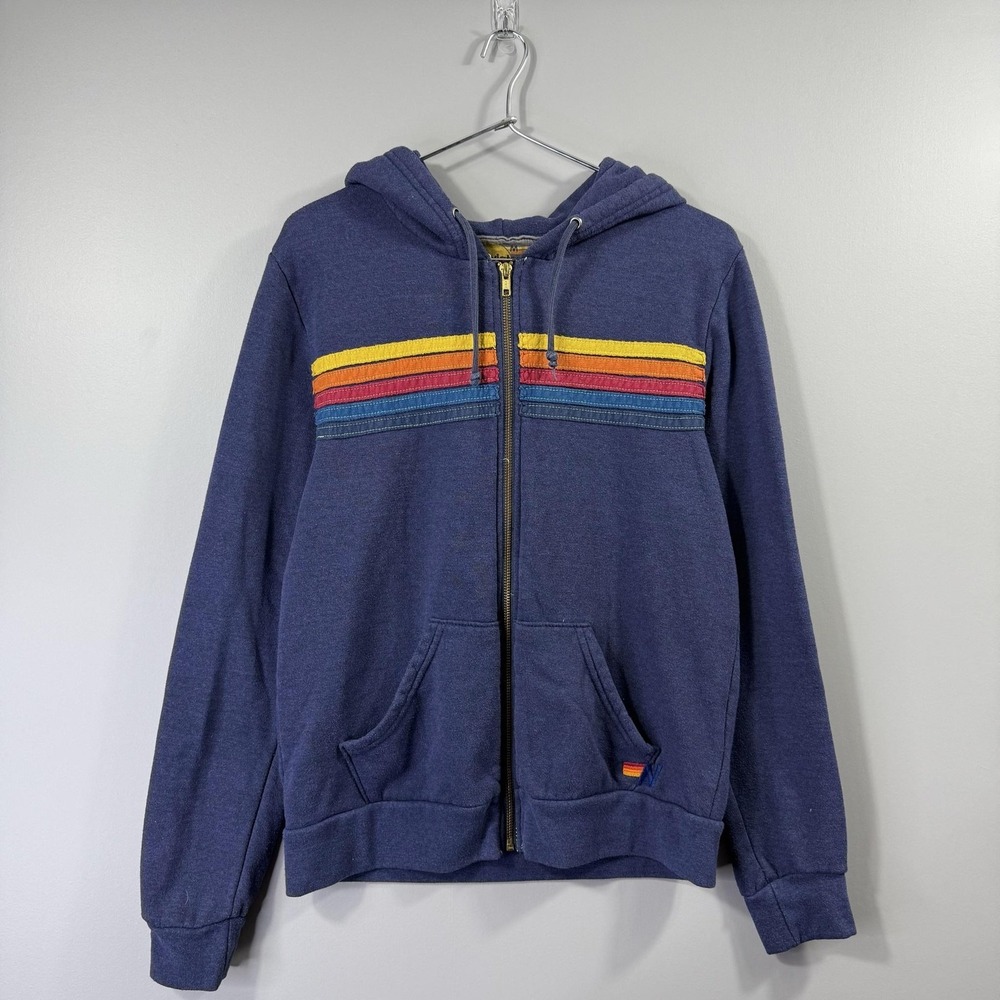 Aviator Nation Hoodie Womens Medium Blue Rainbow Stripe Full Zip Fleece Made USA